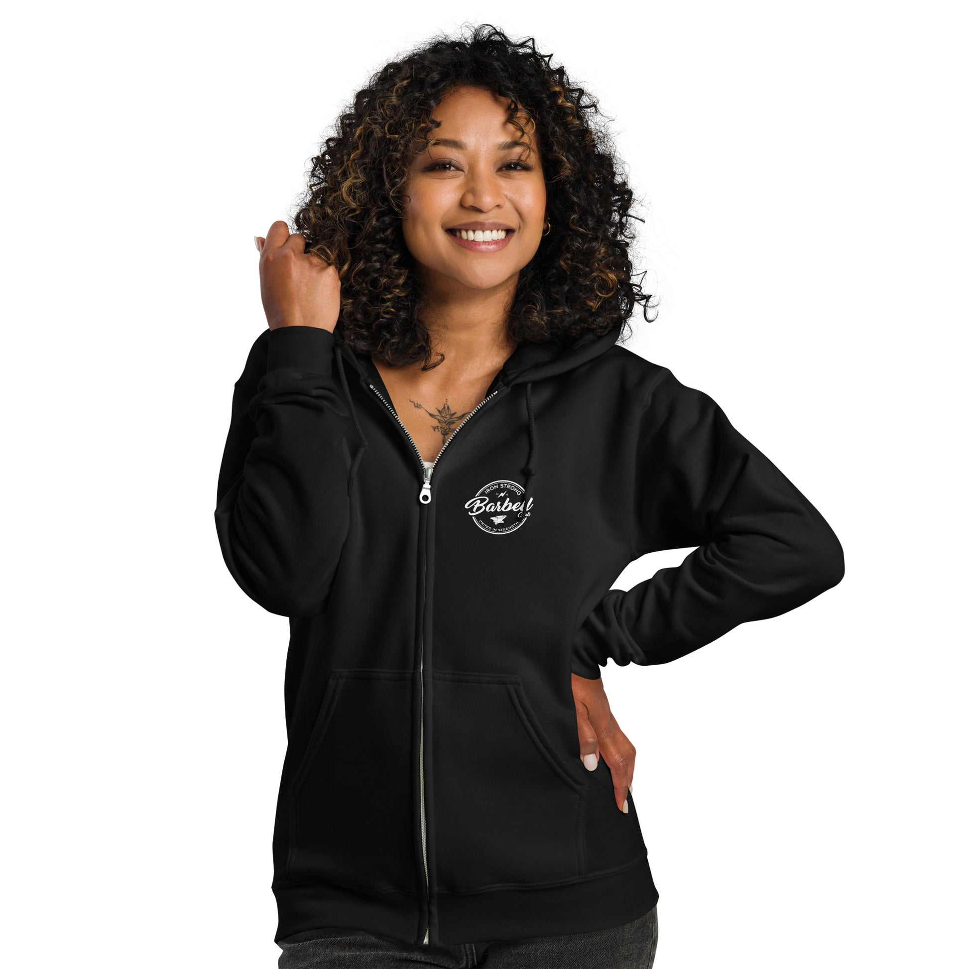 Barbell Crew Weightlifting Meet Zip Hoodie Model | Iron Strong Apparel