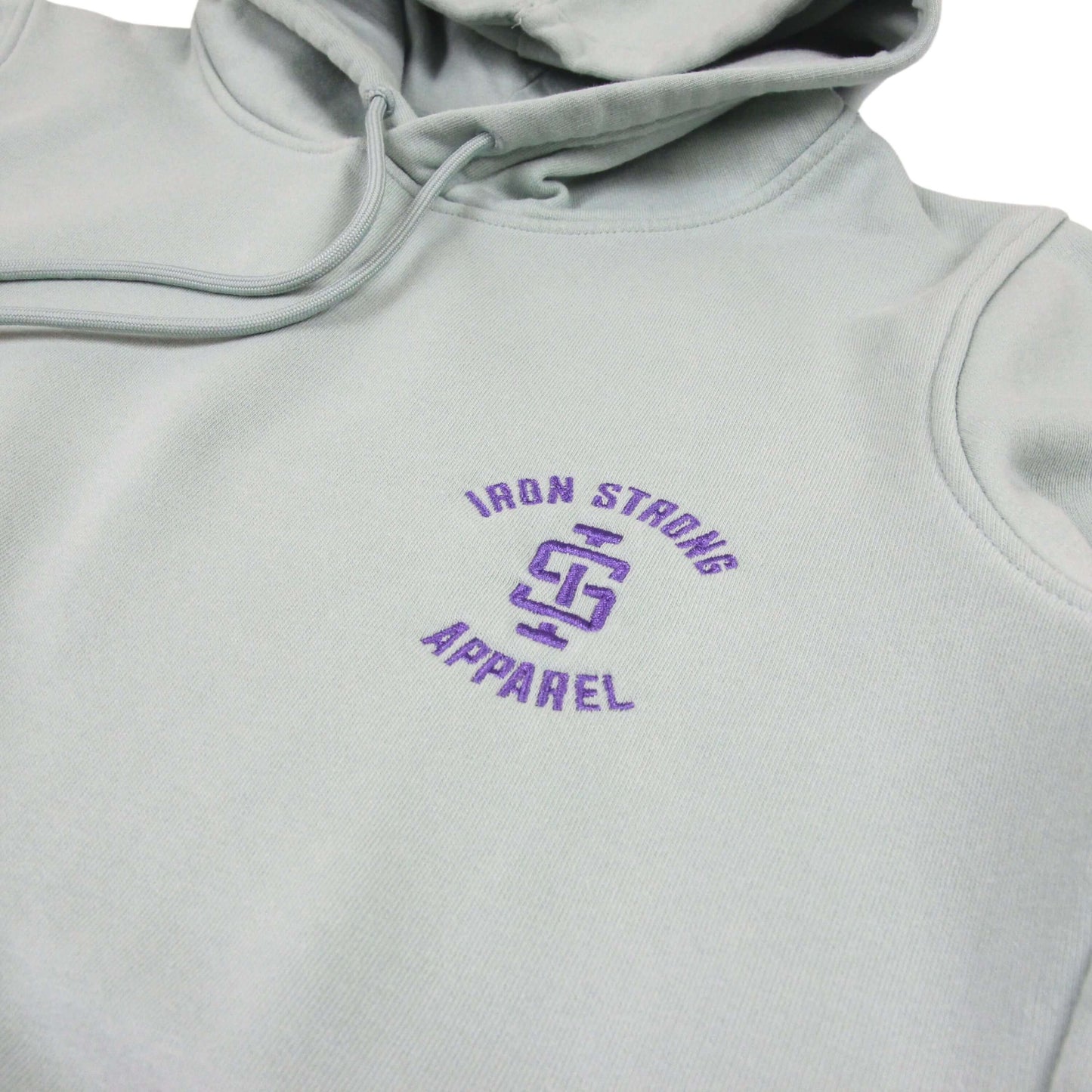 Sage Eco Hoodie logo detail | Iron Strong Apparel
